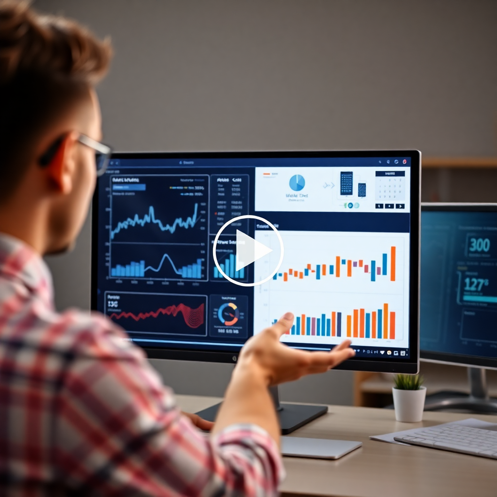 professional video lesson frame, instructor explaining data charts and analytics, high quality