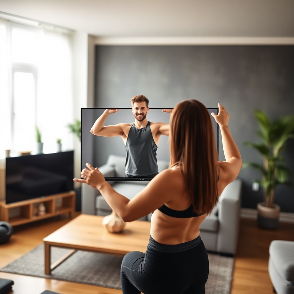 professional video lesson frame, fitness instructor showing exercises at home, high quality