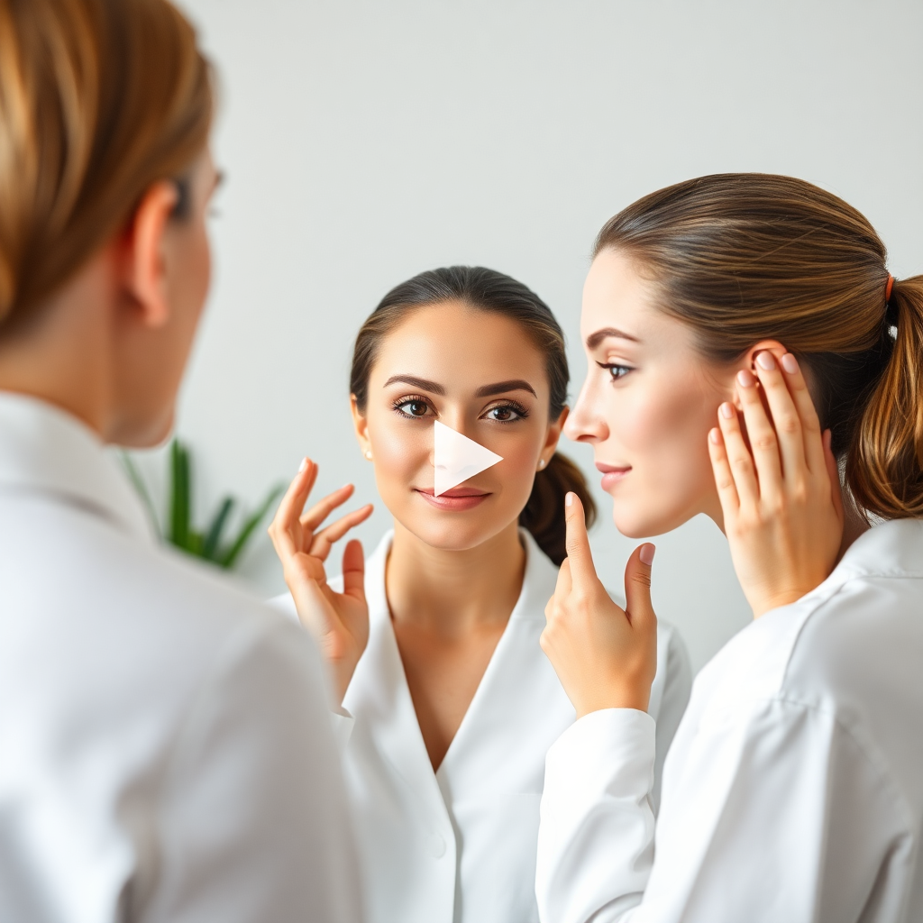 professional video lesson frame, beauty expert demonstrating skincare routine, high quality
