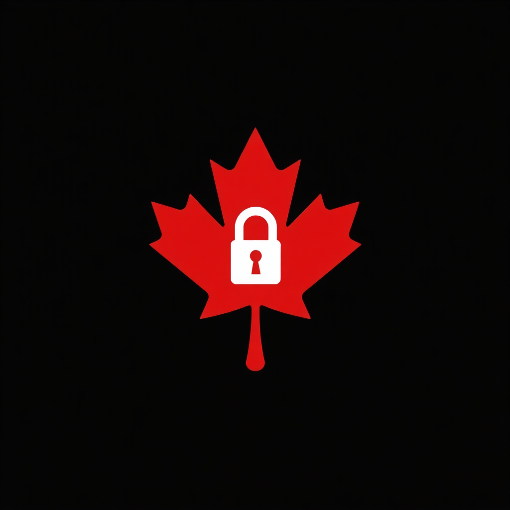 stylized logo for PIPEDA, Canadian maple leaf integrated with a secure lock icon, clean vector art, red and black