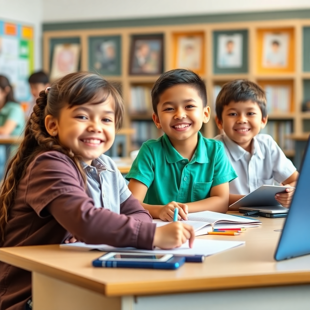 happy school students in classroom learning, modern education environment