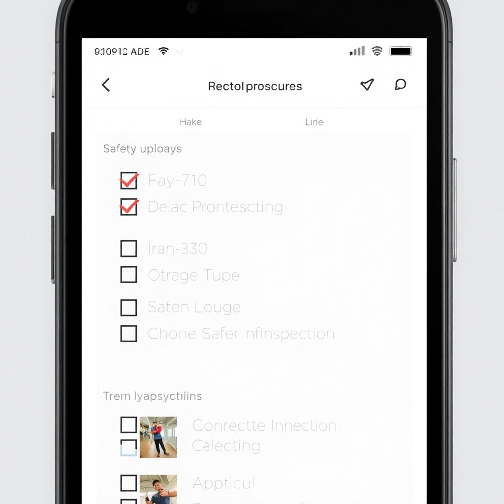 mobile checklist app interface showing safety inspection workflow with checkboxes, photo uploads, and approval system