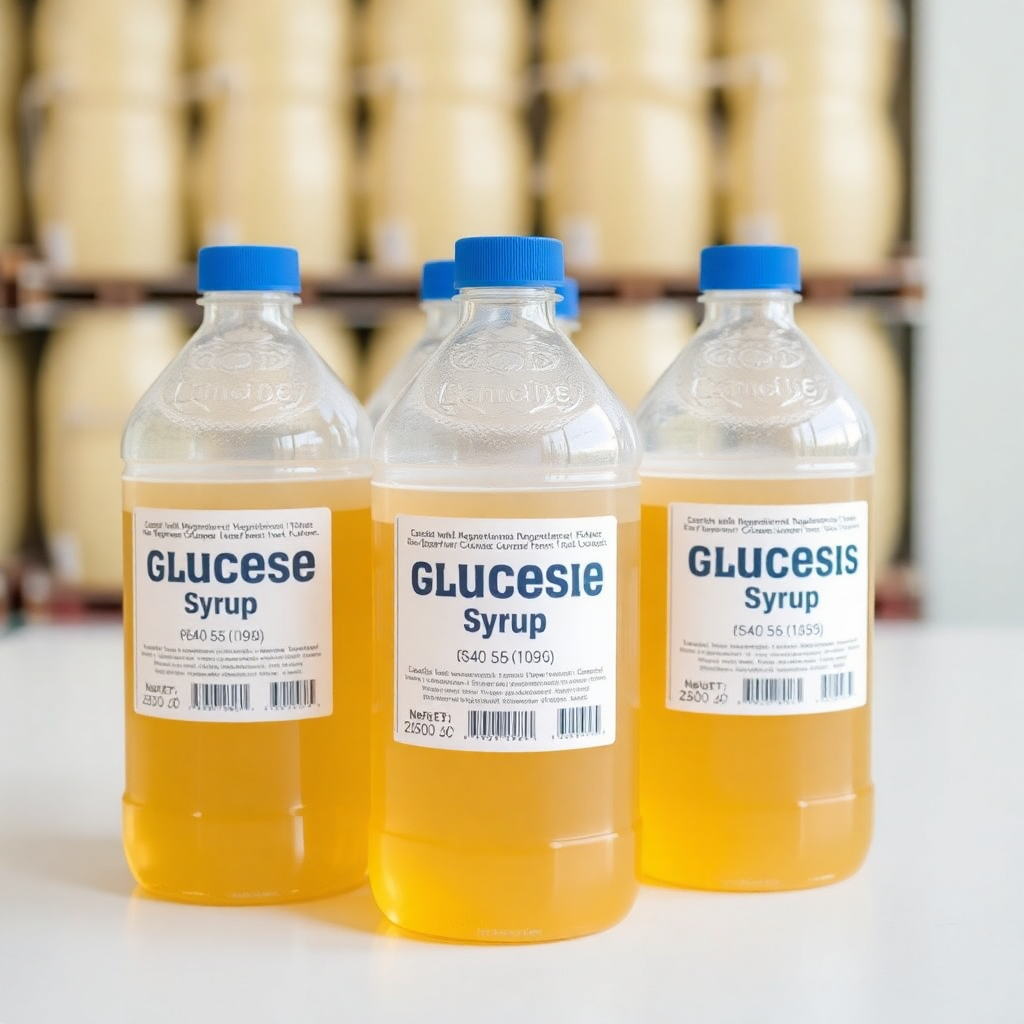 glucose syrup in industrial containers, clear liquid glucose, food grade syrup, professional packaging