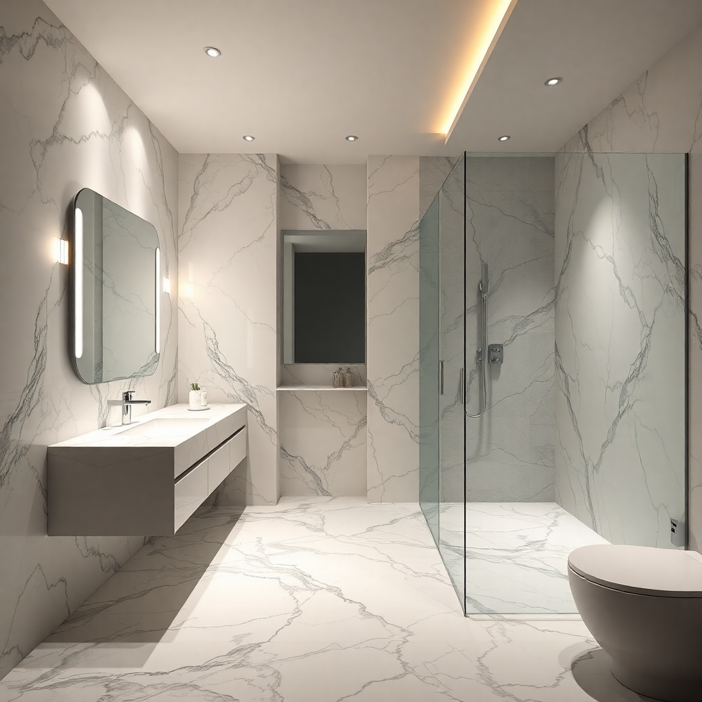 luxury modern bathroom with marble tiles, floating vanity, and frameless glass shower