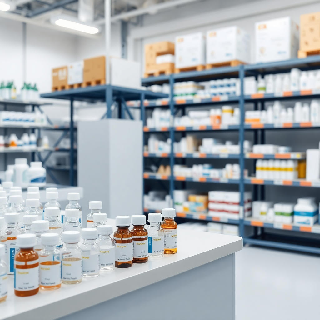 modern pharmaceutical laboratory with medicine bottles, distribution warehouse with organized shelves of pharmaceutical products, clean professional setting