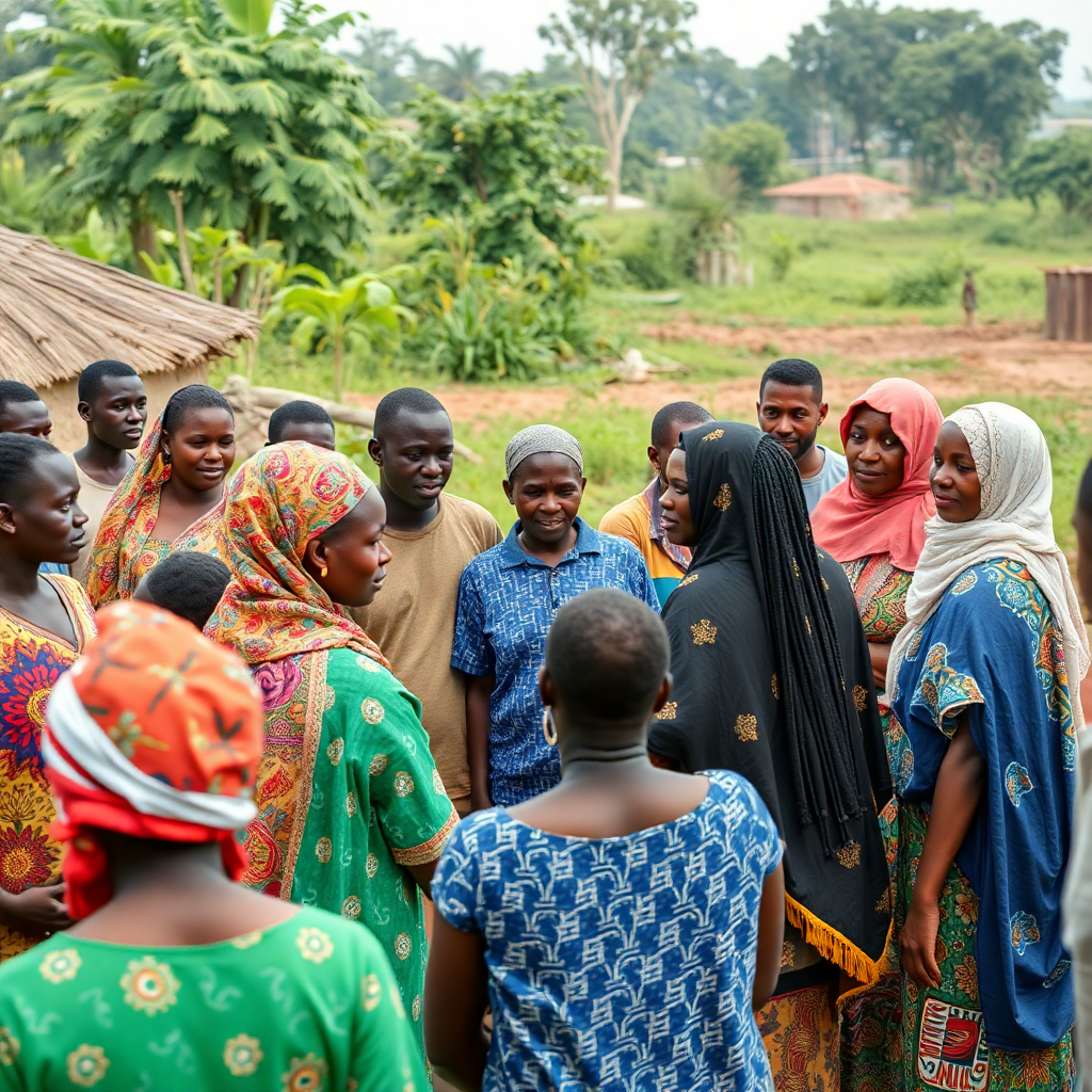 Nigerian community gathering, diverse group of people, teamwork, collaboration, rural setting, photorealistic