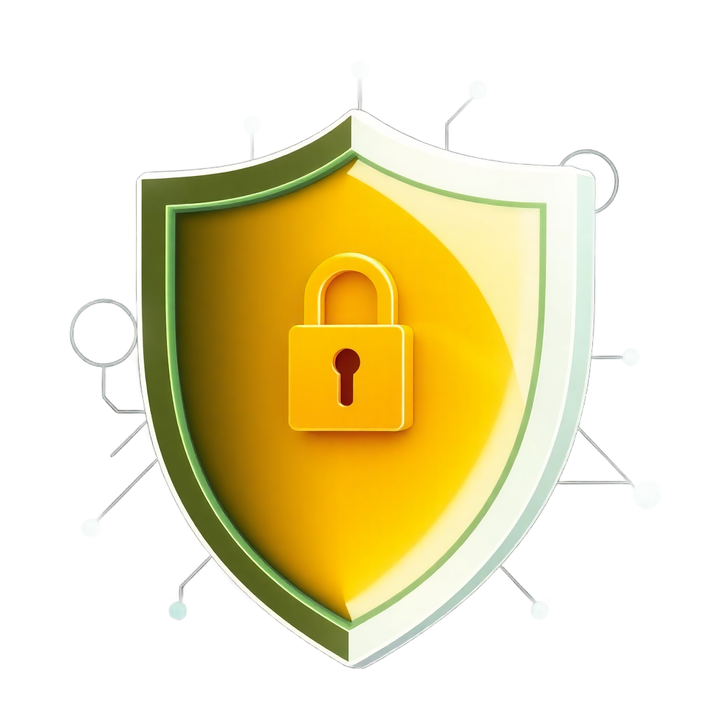 3D illustration of digital security shield with lock, encryption symbols, network protection, modern tech style, transparent background