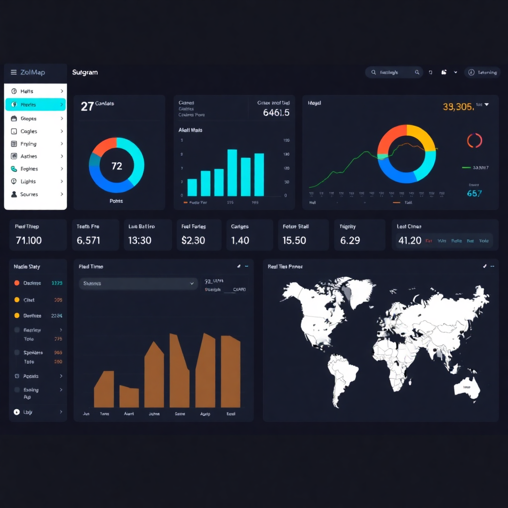 fleet management main dashboard with KPI widgets, real-time map, alerts panel, dark theme interface, professional design