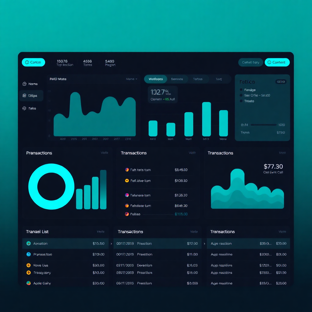 Dark mode financial dashboard UI with cyan charts, transaction lists, and clean typography. Premium fintech design.