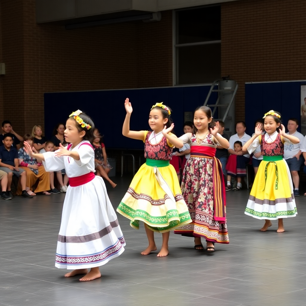 school cultural event with students performing traditional dance