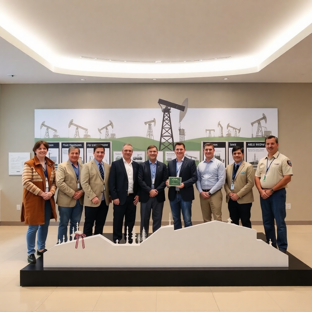 company anniversary celebration with employees and oil industry achievements display