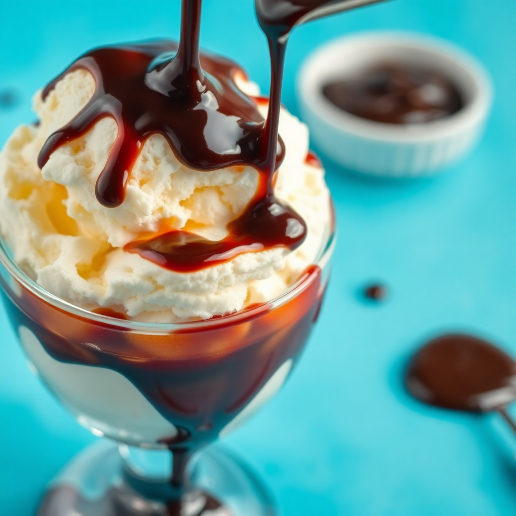close up of chocolate syrup being drizzled on vanilla ice cream