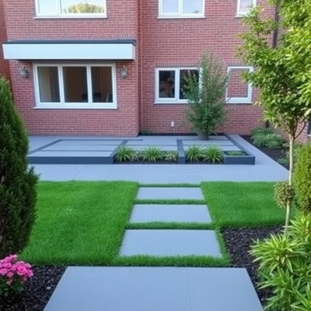 High quality paving and flagging in a modern garden, clean lines