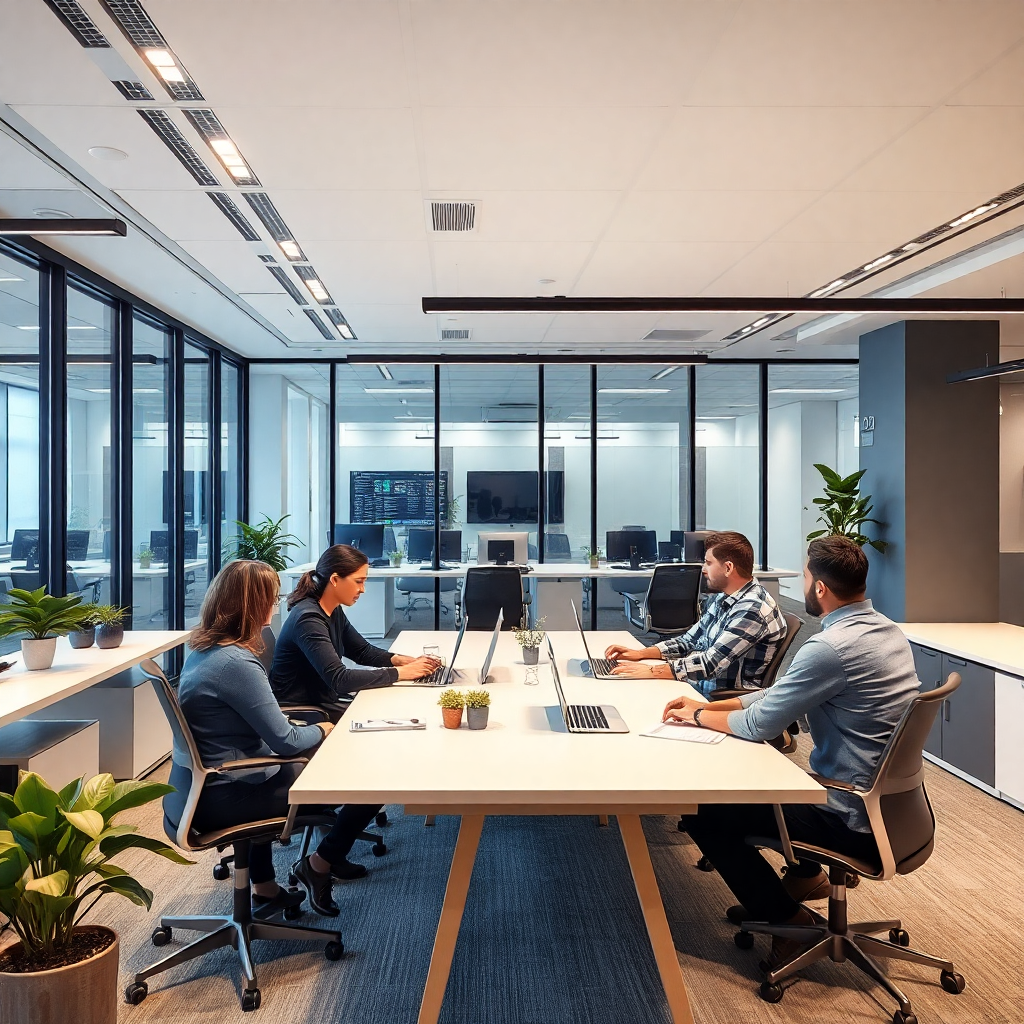modern tech company office, team collaboration, innovation workspace, technology development, professional environment