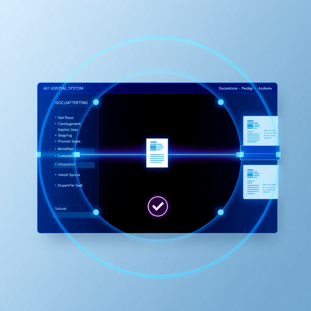 AI verification system interface, document scanning technology, modern dashboard with checkmarks, blue color scheme