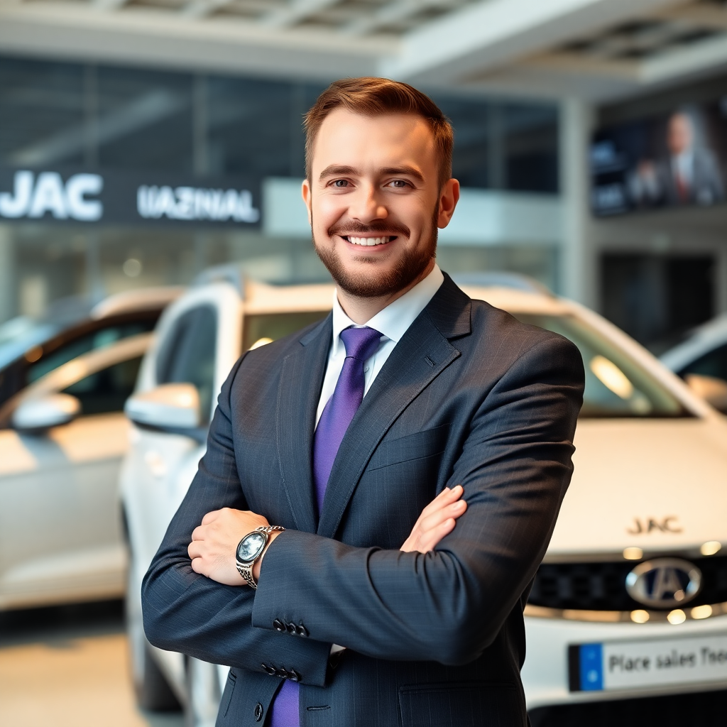 professional Uzbek car salesman in modern JAC showroom smiling confident business suit