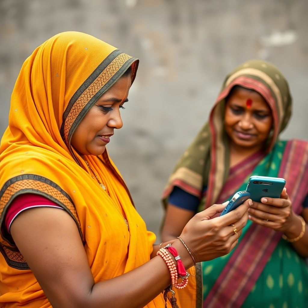rural women in India using smartphones for transportation booking, professional photography
