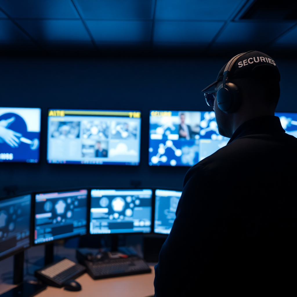 professional security guard monitoring multiple screens in modern control center, corporate security operation, dark professional atmosphere
