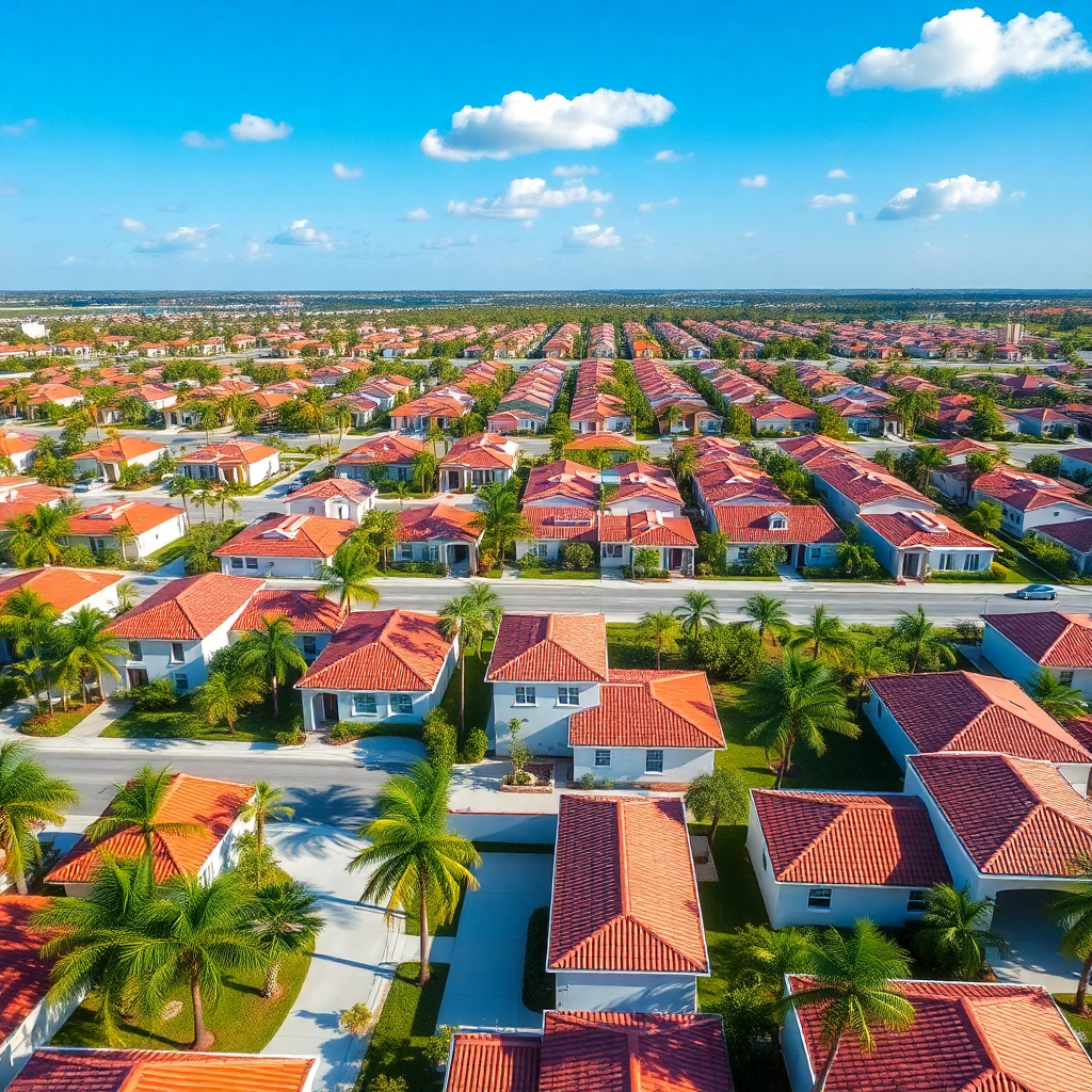 aerial view of modern Florida suburbs with palm trees, blue sky, white houses with red tile roofs, clean geometric layout, bright sunny day, contemporary architectural style