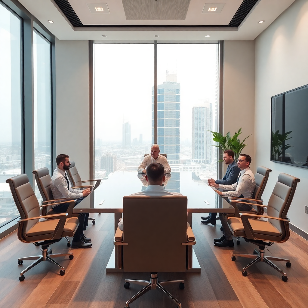 professional team of construction and real estate experts in Dubai office setting, business meeting