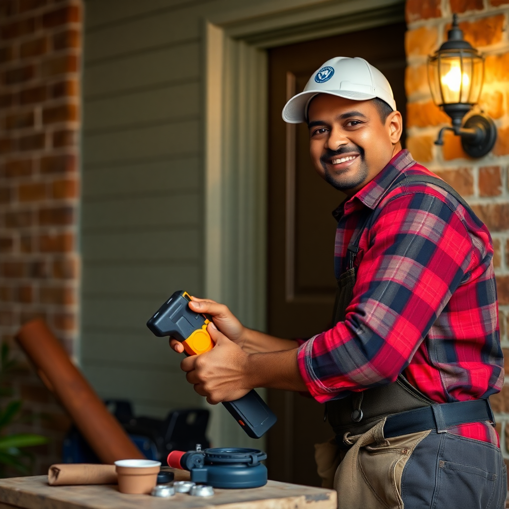 Professional Indian worker completing home service job, customer satisfied, realistic photography