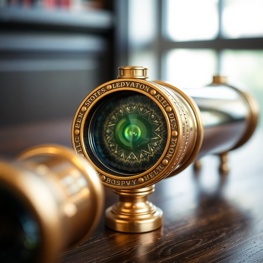 A classic brass kaleidoscope with intricate engravings on a wooden table, macro style