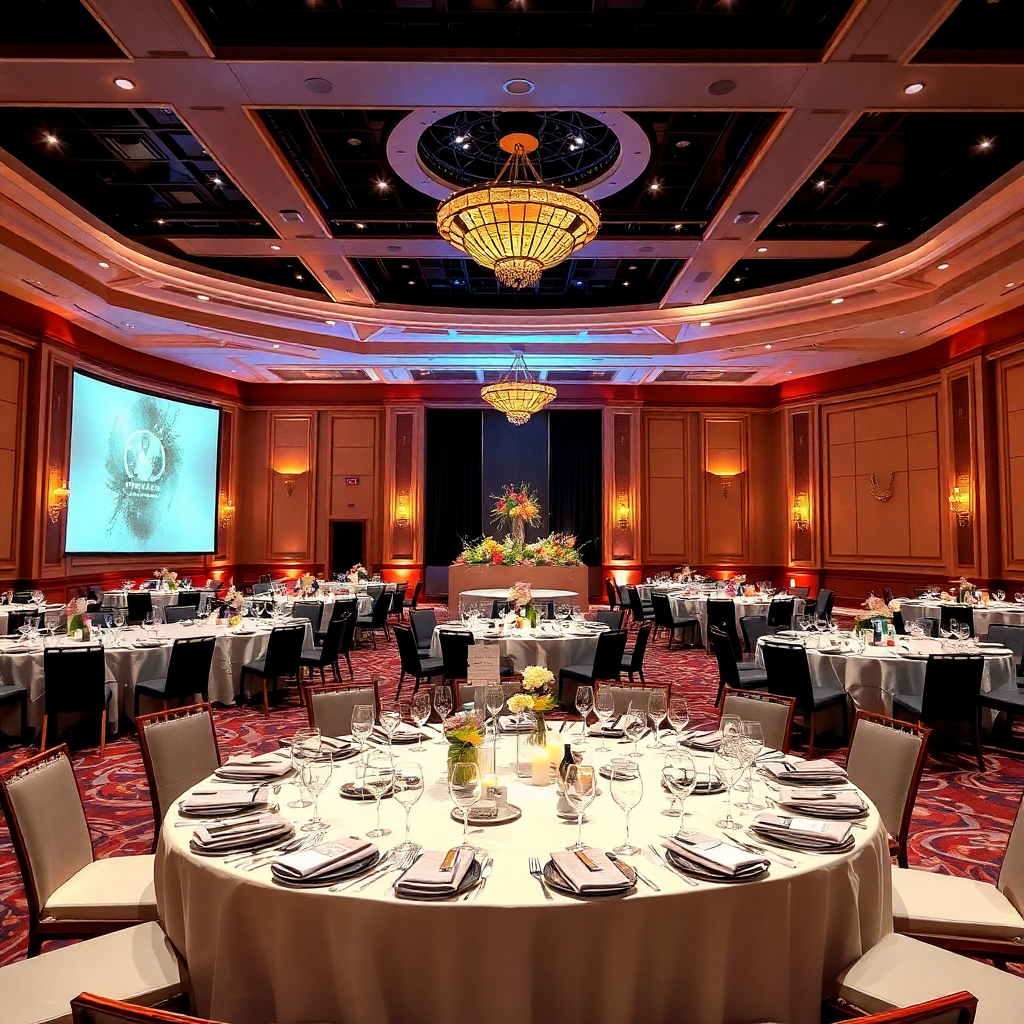 elegant event hall setup with decorated tables, fine dining setup, warm ambient lighting, luxury event venue