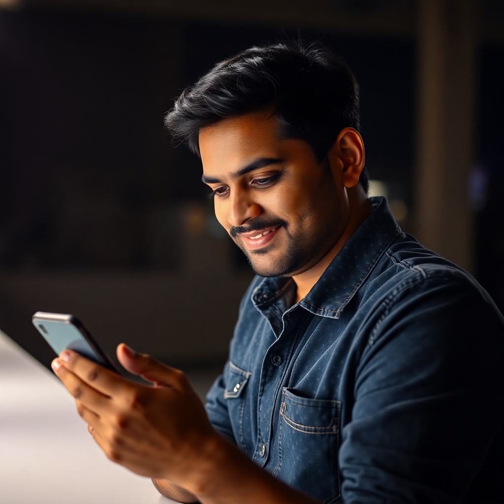 Indian person making secure payment on smartphone, professional photography, bright lighting