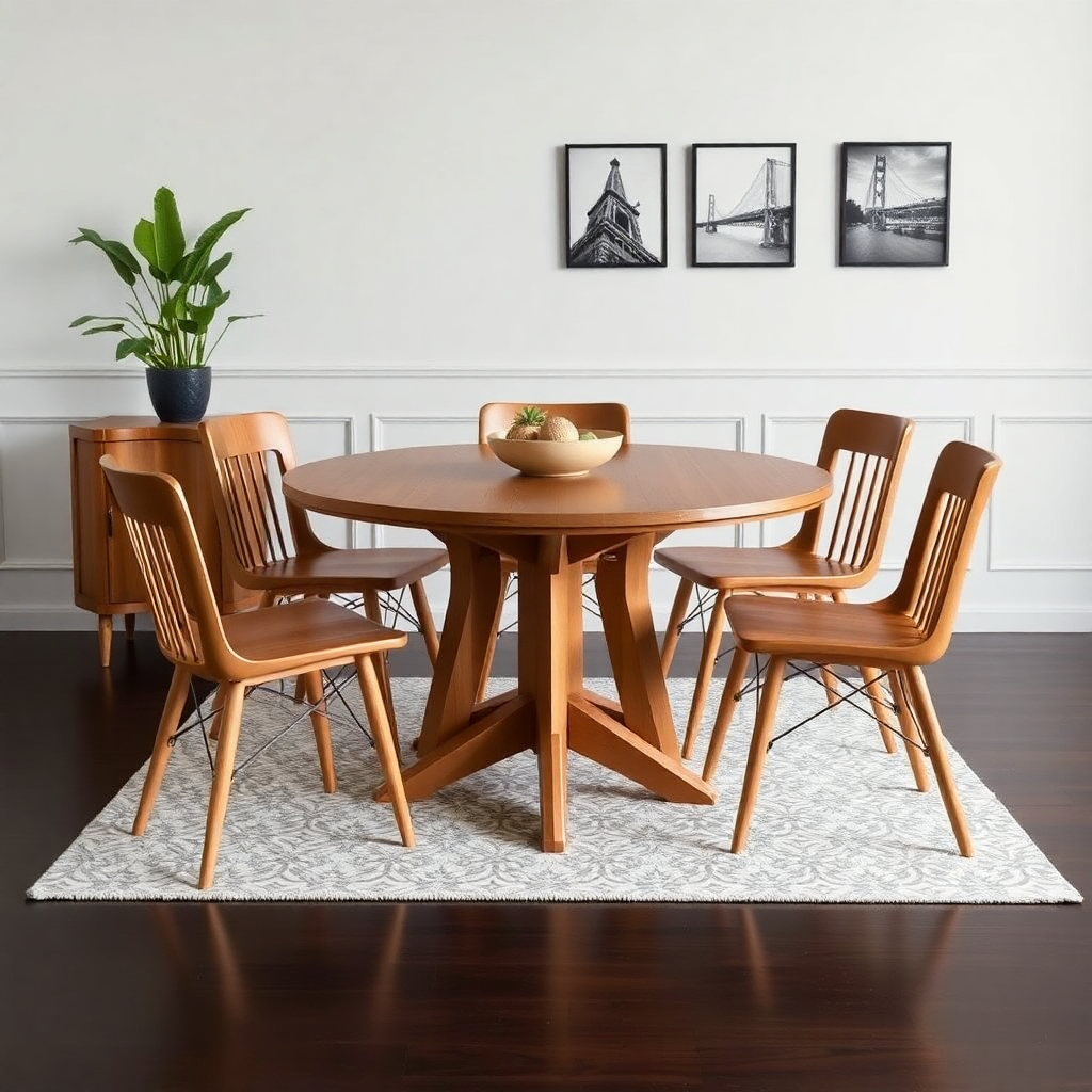 wooden dining table with chairs, furniture product photo