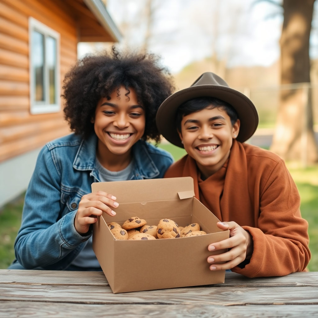 happy friends sharing a box of cookies outdoors