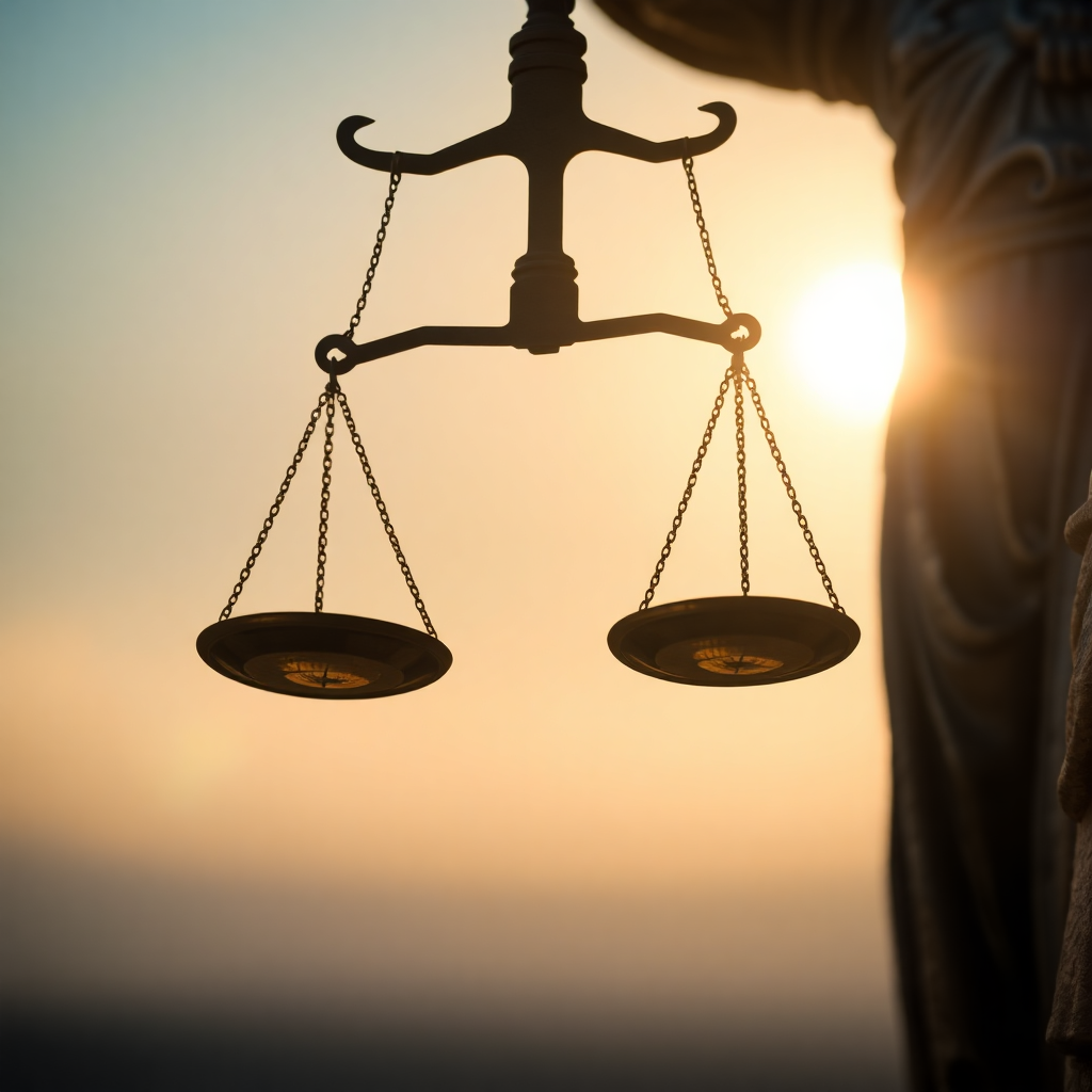 close-up photo of the scales of justice held by a statue, dramatic lighting, warm tones, shallow depth of field
