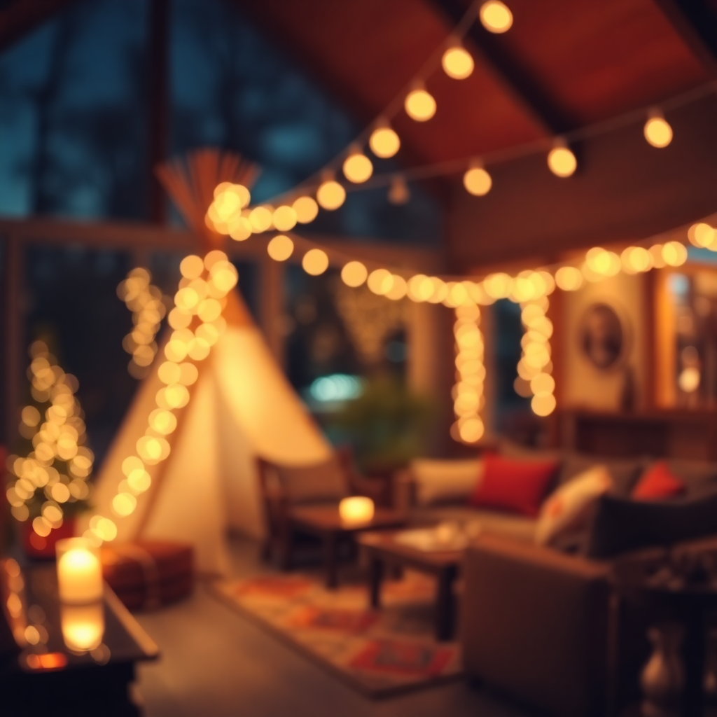 blurred background of a beautiful living room with teepee tents at night, bokeh lights, cozy atmosphere