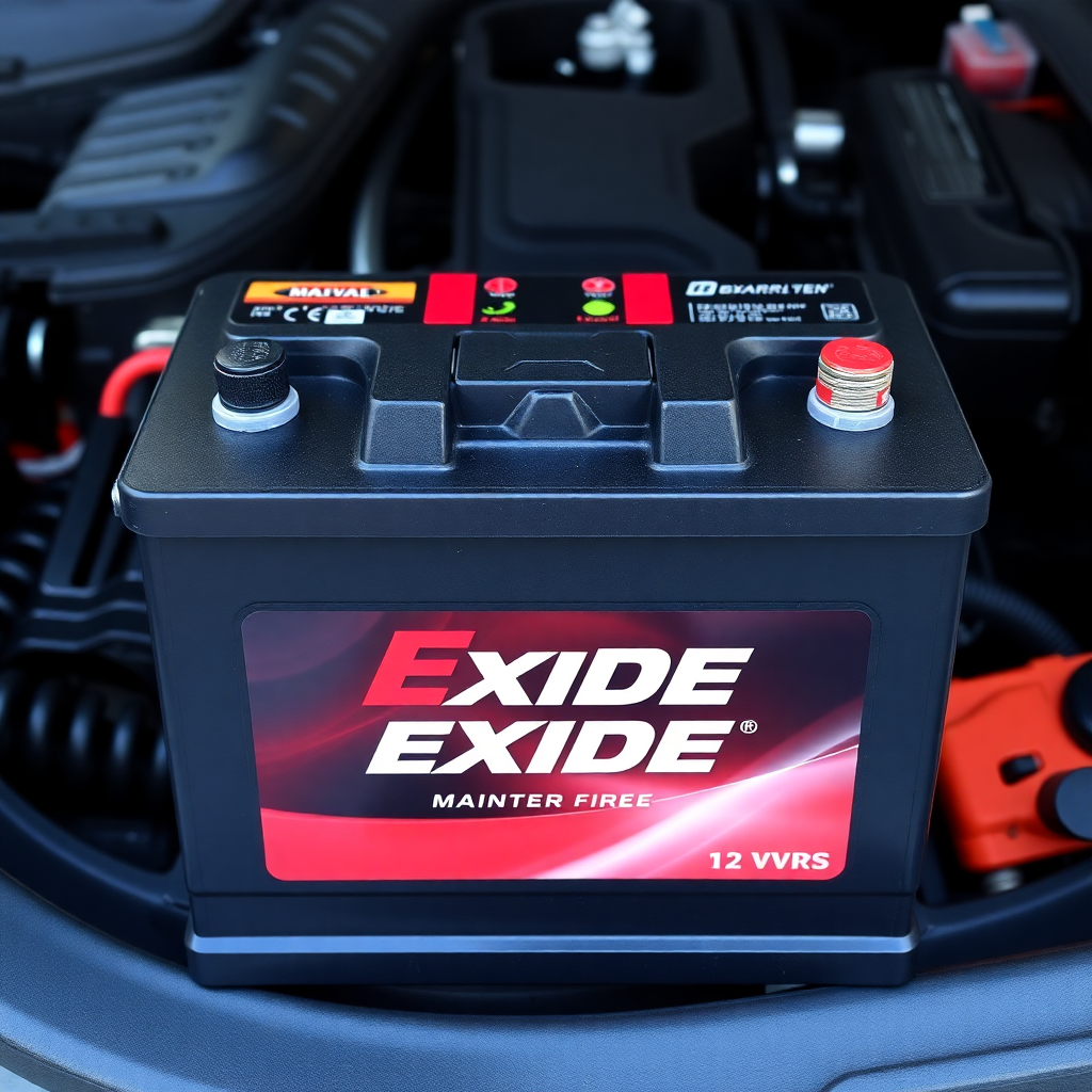 Exide automotive car battery, red and black design, maintenance free, 12V battery