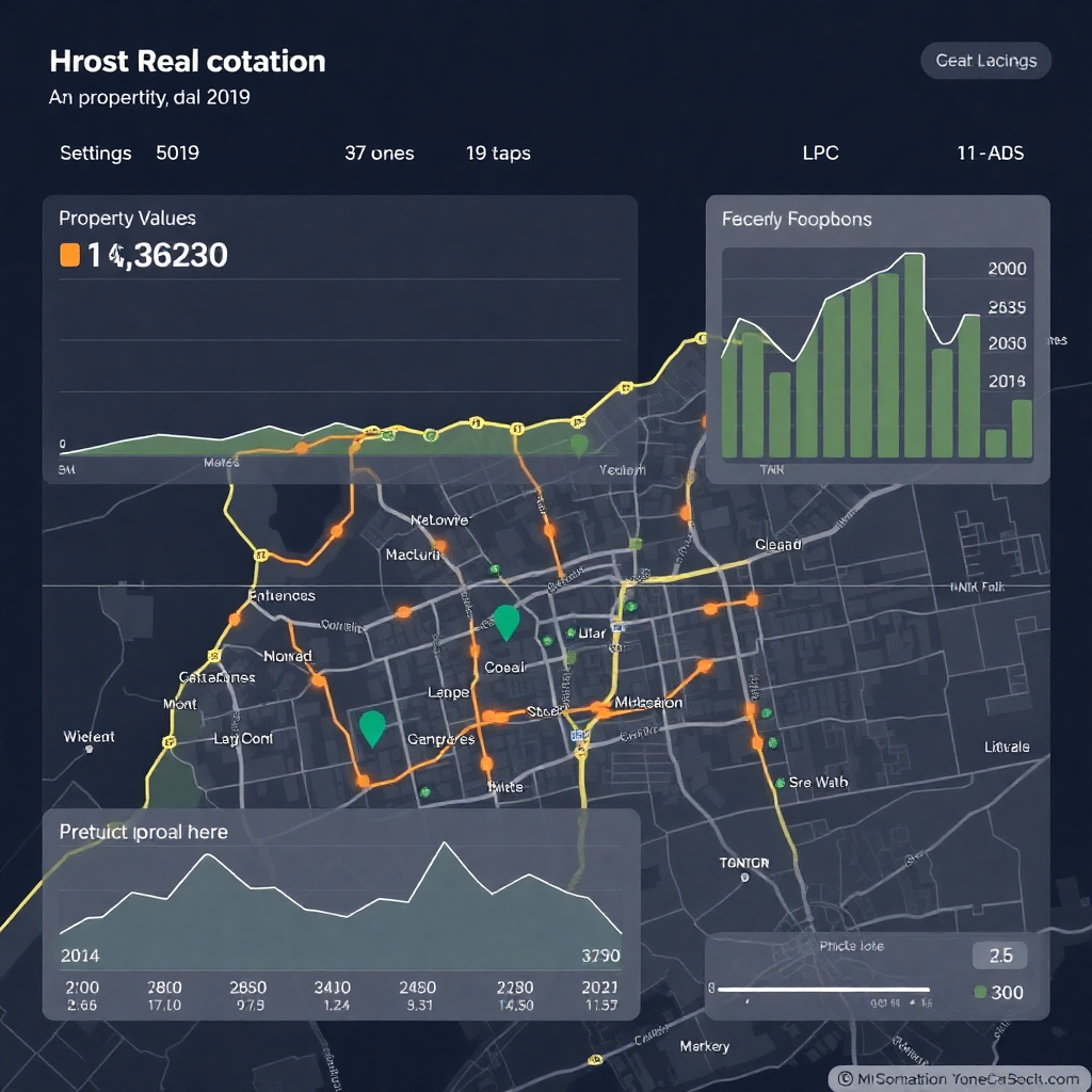 real estate property map with data analytics overlay showing property values and market trends