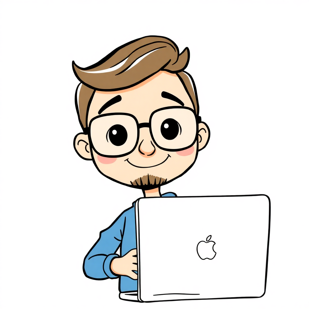 cartoon developer character with glasses and laptop, hand-drawn style illustration, friendly smile