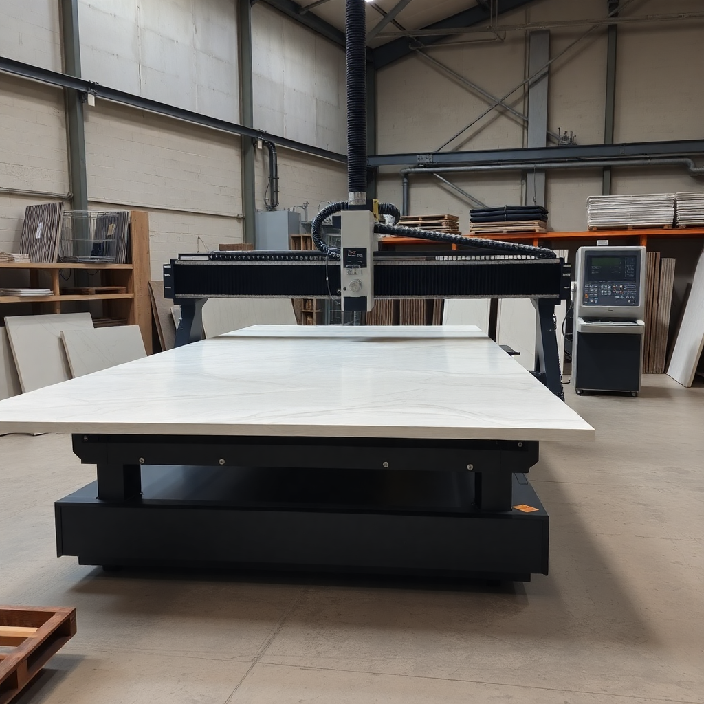 large format porcelain tile cutting, industrial CNC machine, workshop with big ceramic slabs
