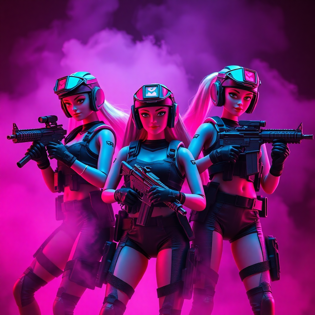 cinematic barbie dolls in tactical counter-strike gear, confident squad poses, dramatic neon pink purple teal lighting, smoke particles, cyberpunk gaming aesthetic, high fashion photography