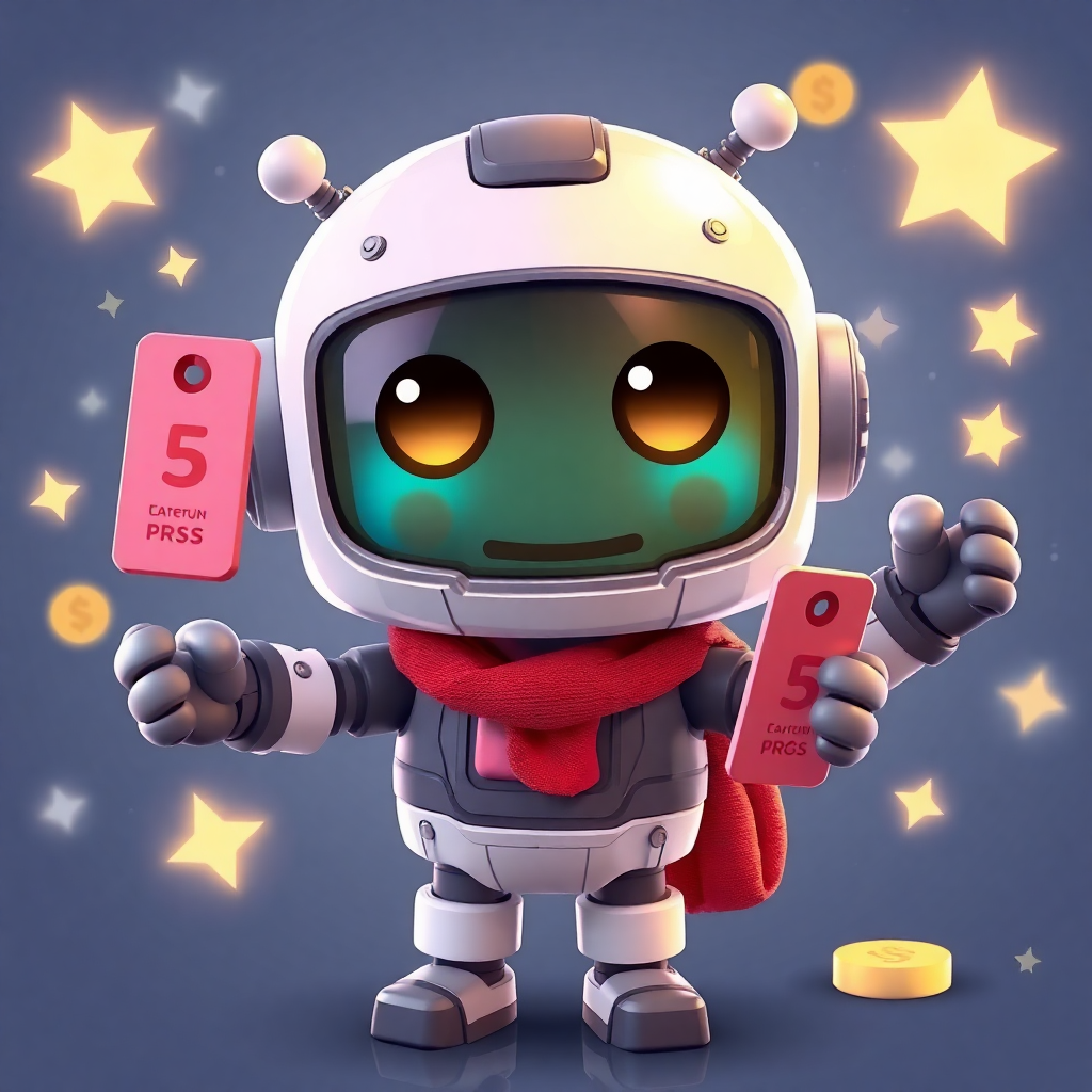 3D illustration of cute robot mascot holding price tags and coins, with sparkles and magical elements, whimsical style