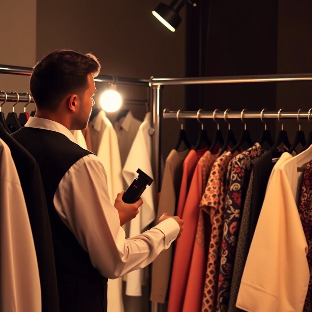 professional fashion stylist with luxury clothing rack, cinematic lighting