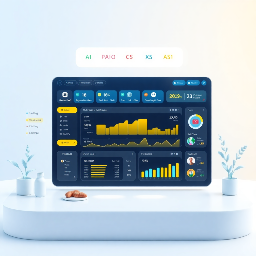 modern 3D illustration of a restaurant management dashboard with AI features, futuristic UI, light theme with blue and yellow accents