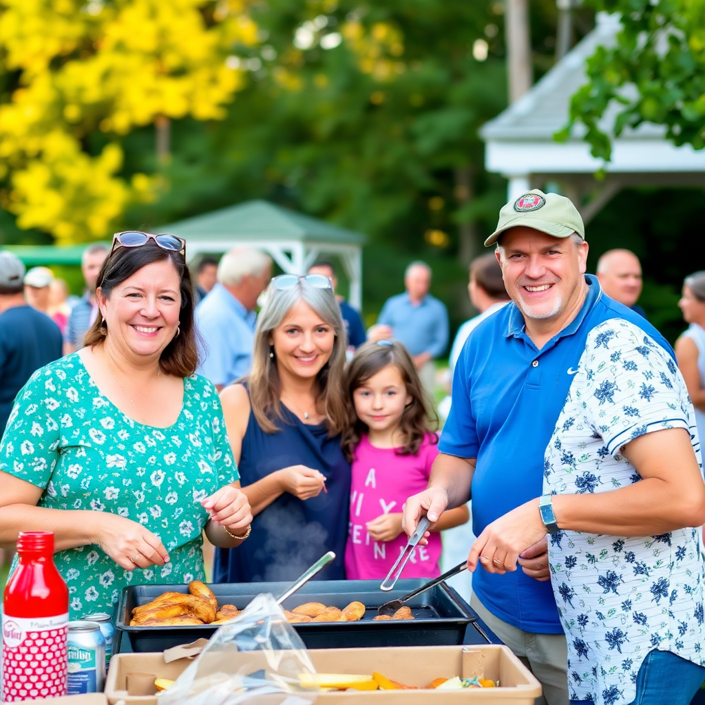 community BBQ event outdoors, neighbors gathered together, smiling families, Eastern Shore Maryland, warm summer photography