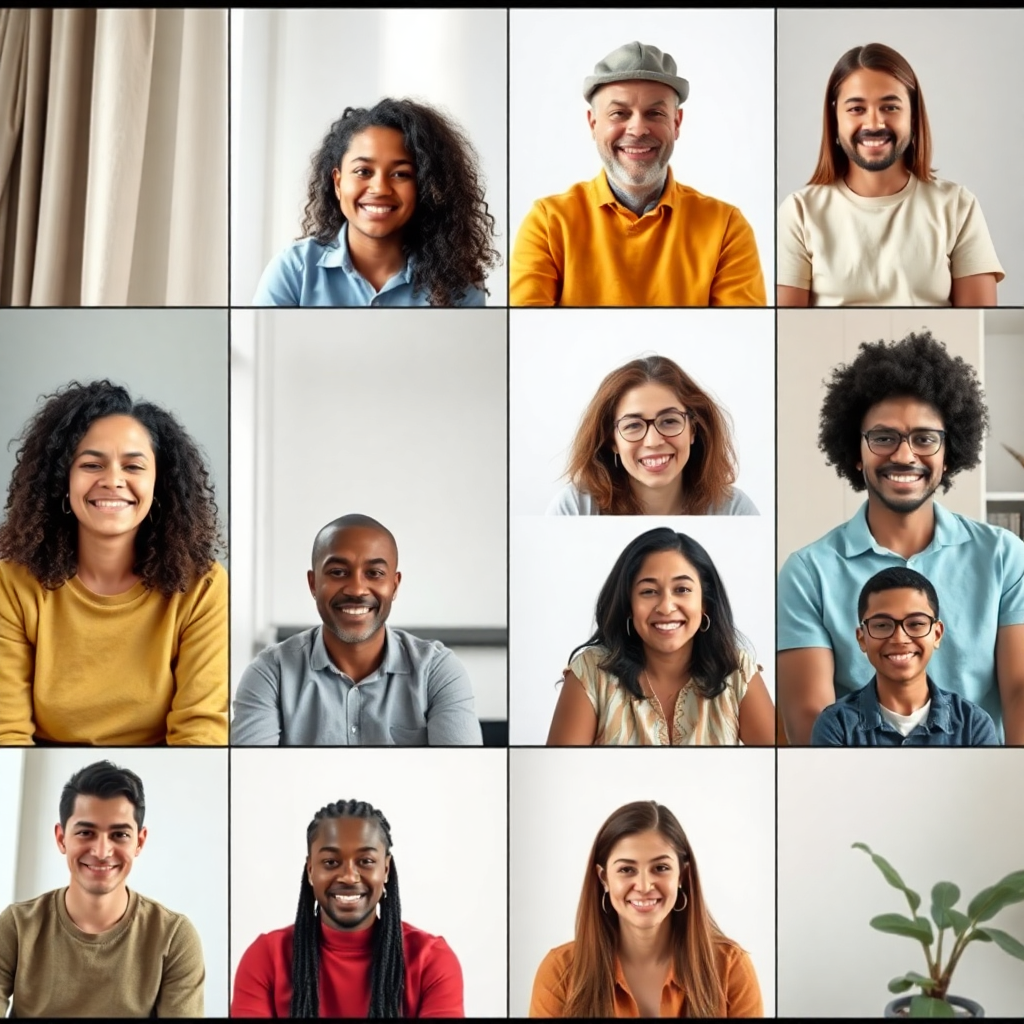 group of diverse people in online video call, community support, connection, friendly atmosphere