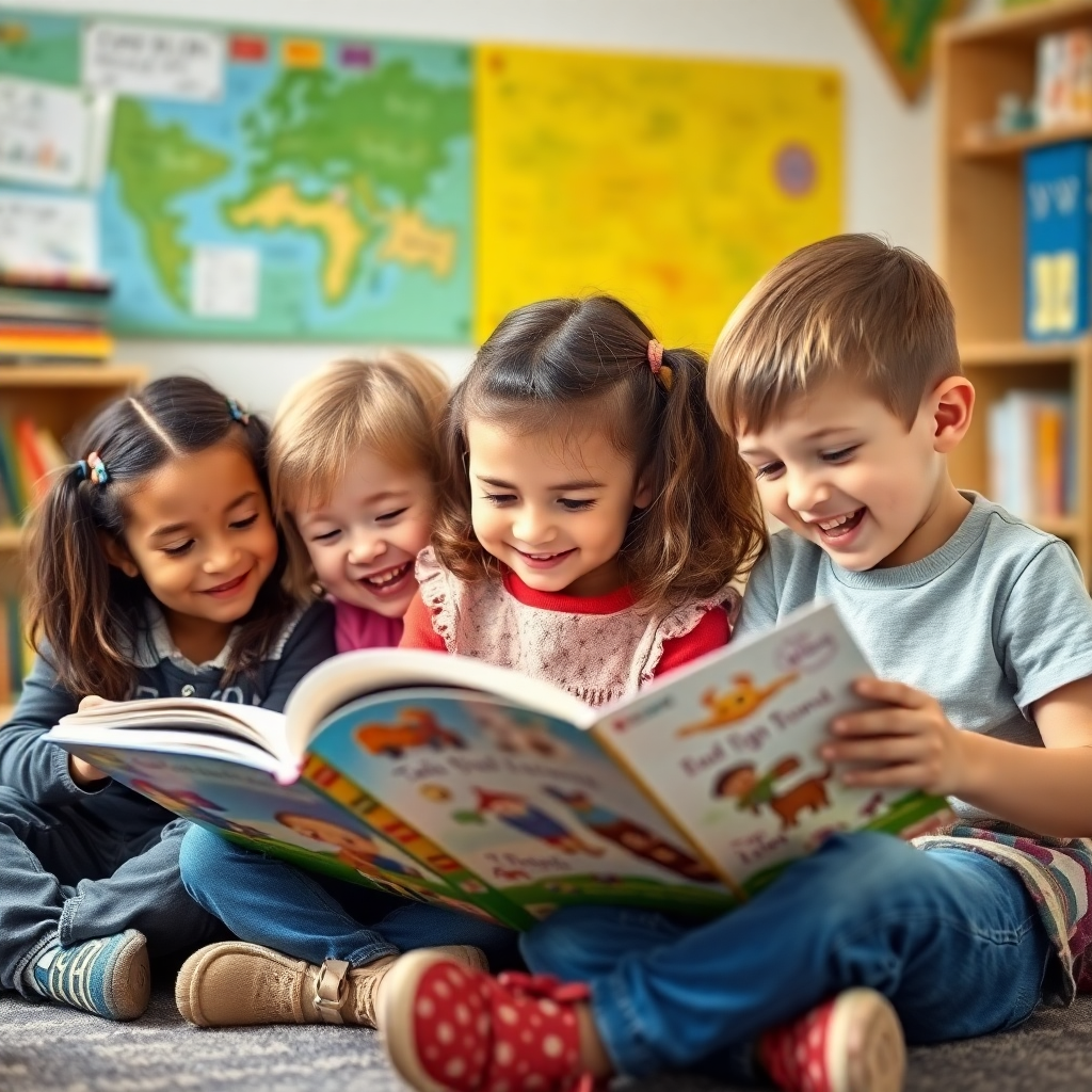 children reading books happily with colorful illustrations, educational setting