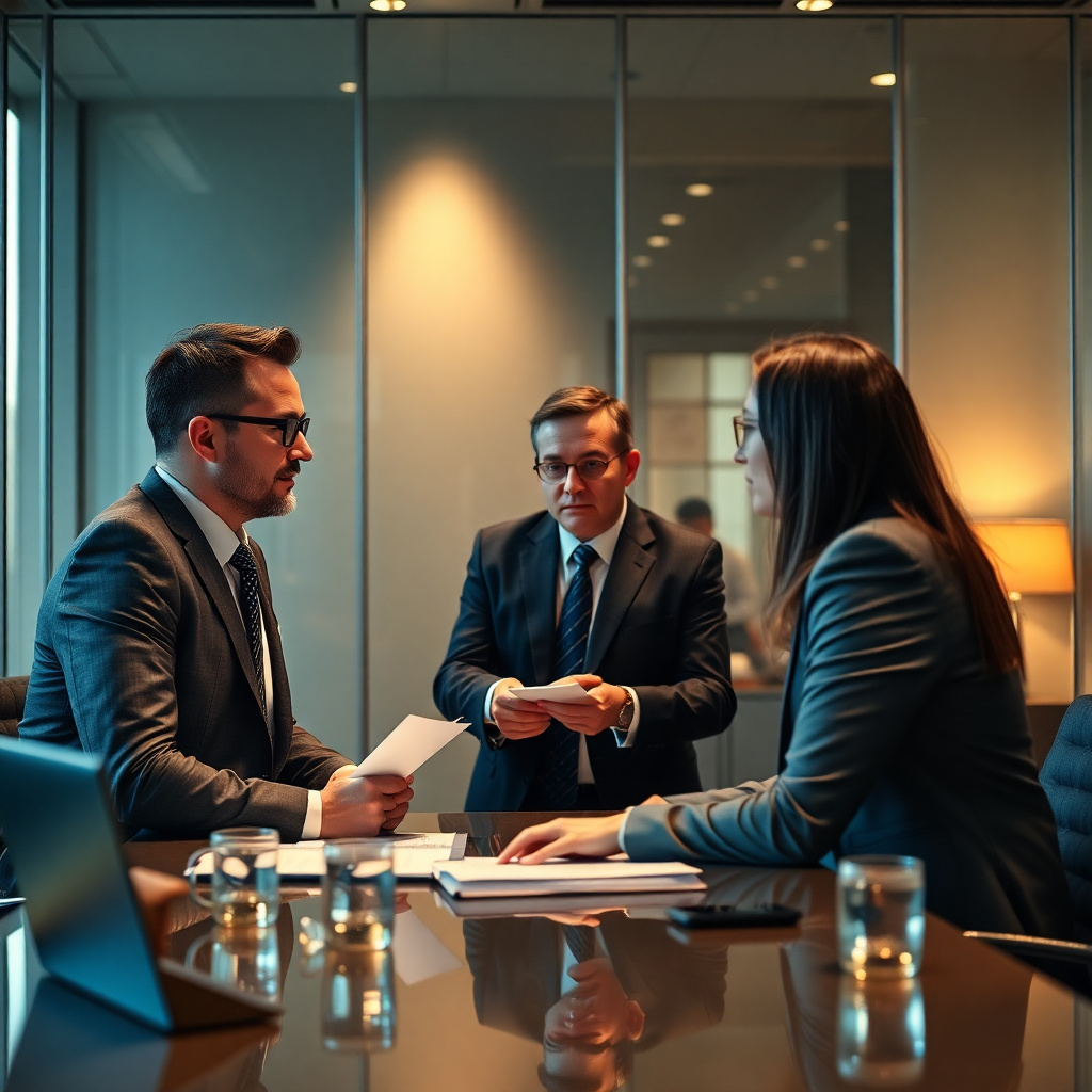 Professional business executives in a modern boardroom discussing strategy, cinematic lighting, high quality corporate photography
