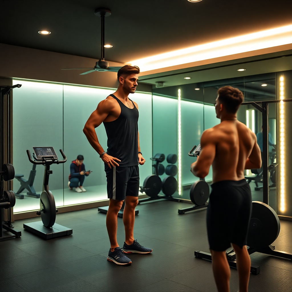 private fitness trainer with equipment in luxury home gym, cinematic lighting