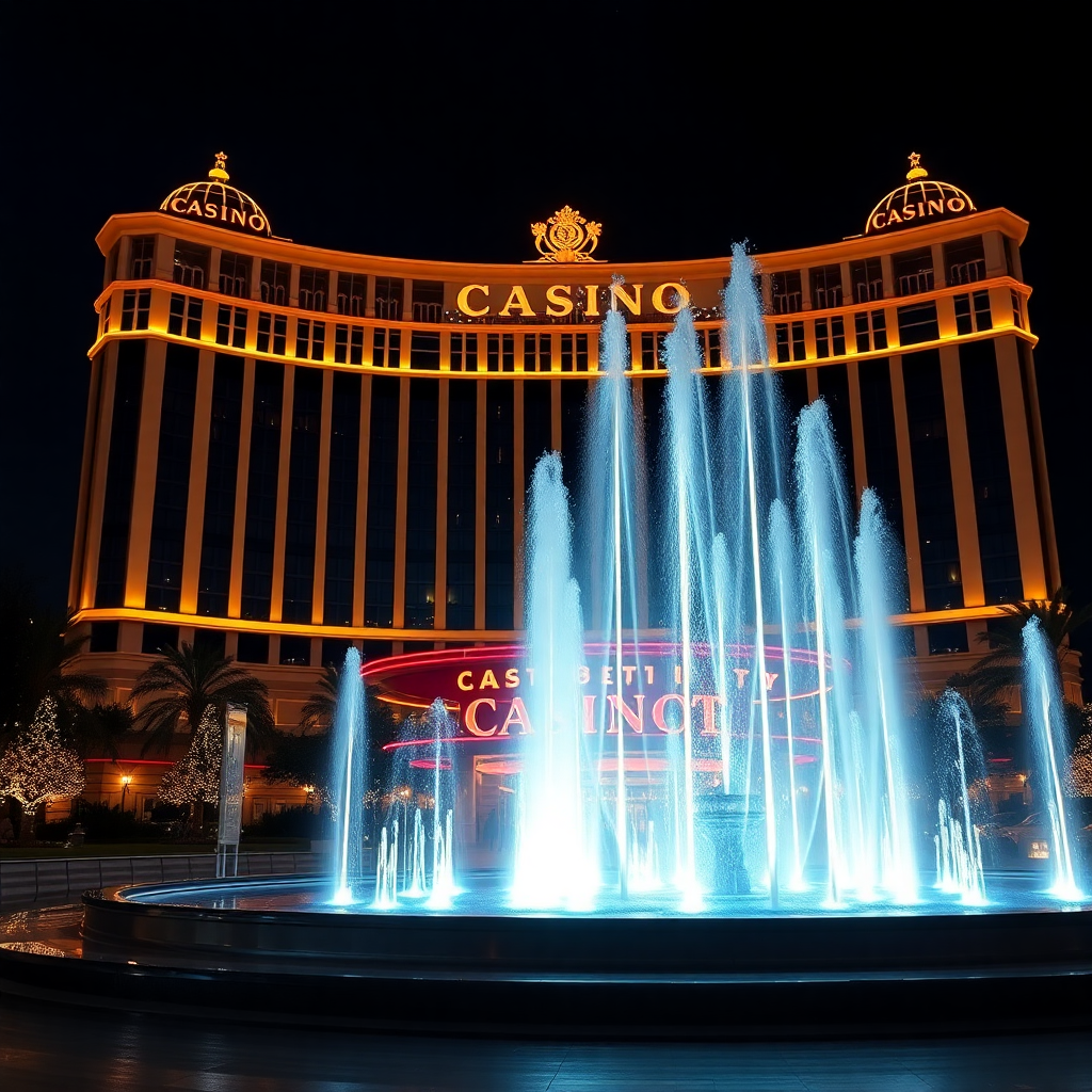 luxury casino hotel exterior at night with golden lights and fountains