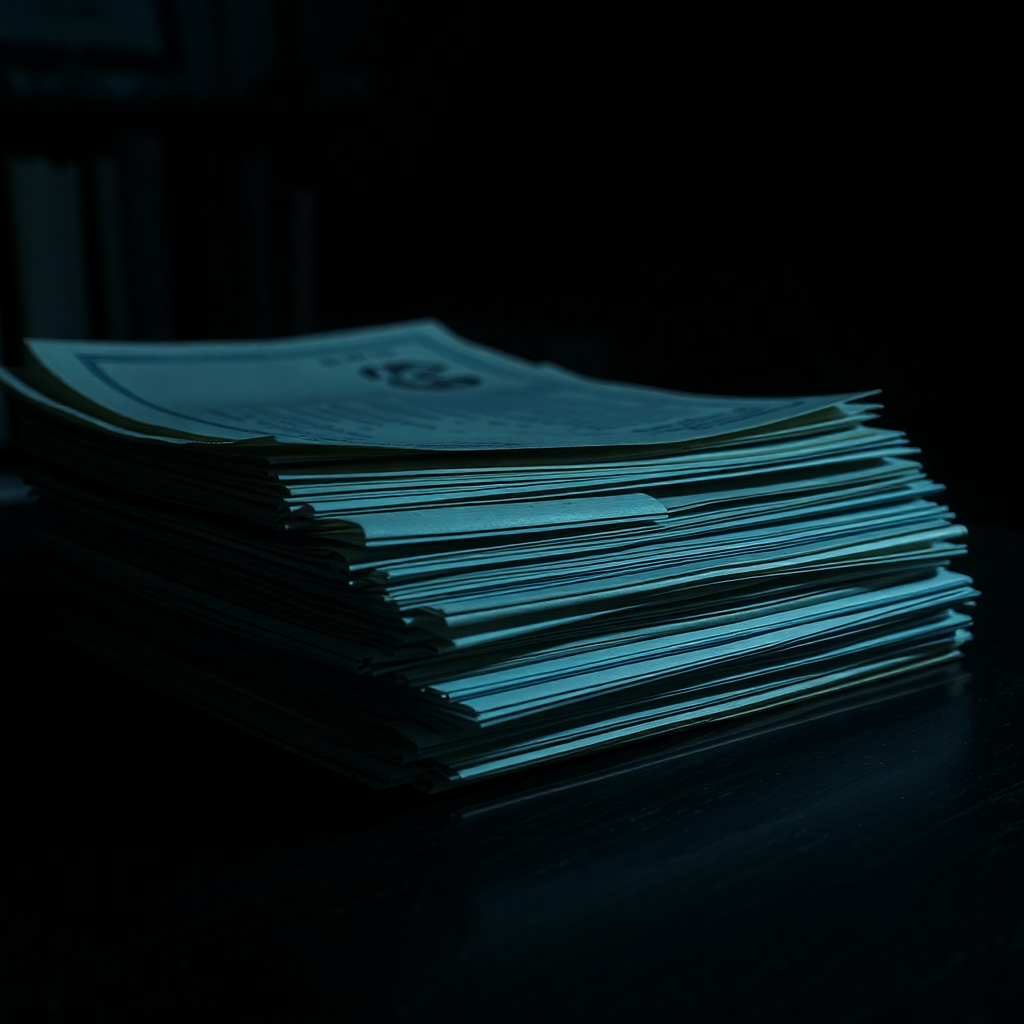 moody editorial shot of investigation documents, case files stacked on a dark wooden desk, dim lighting, noir atmosphere, high contrast, cinematic lighting