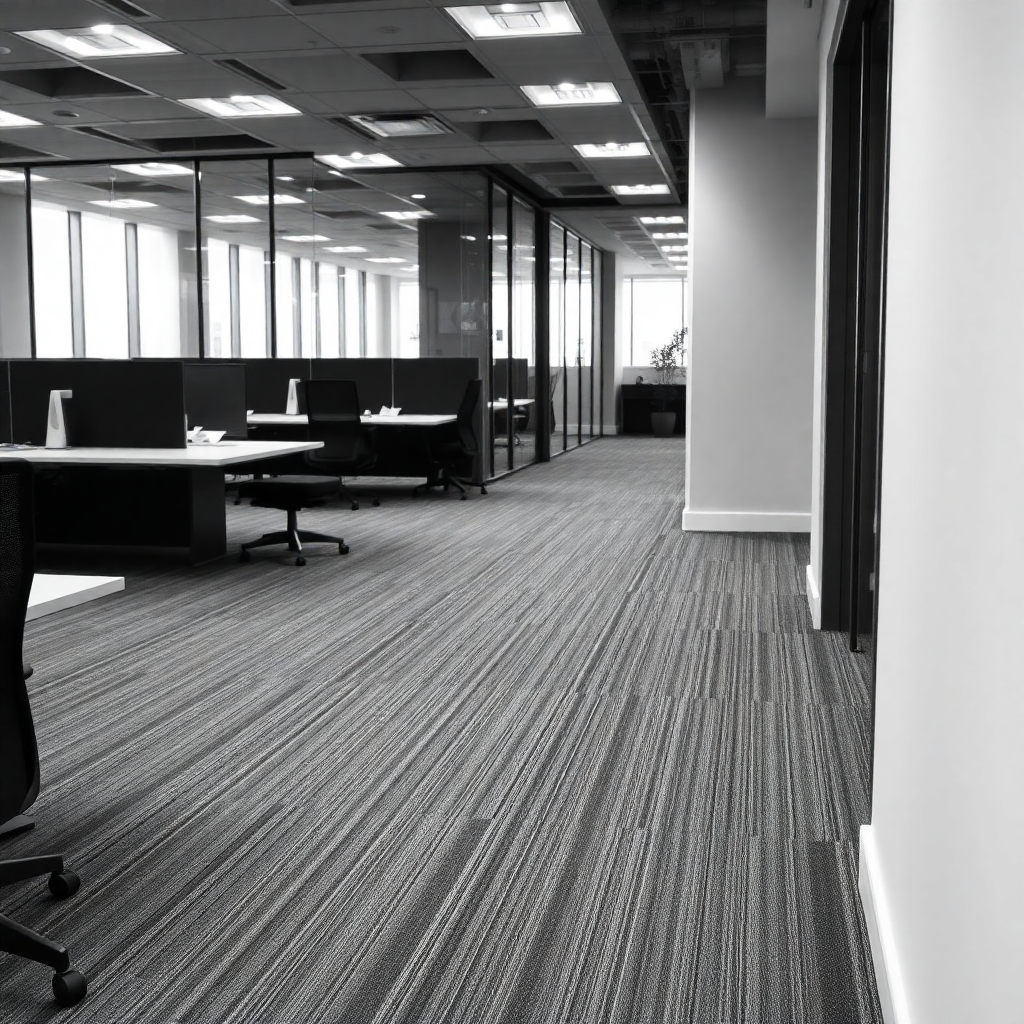 construction professional inspecting quality of carpet installation in luxury commercial space, black and white photography, attention to detail