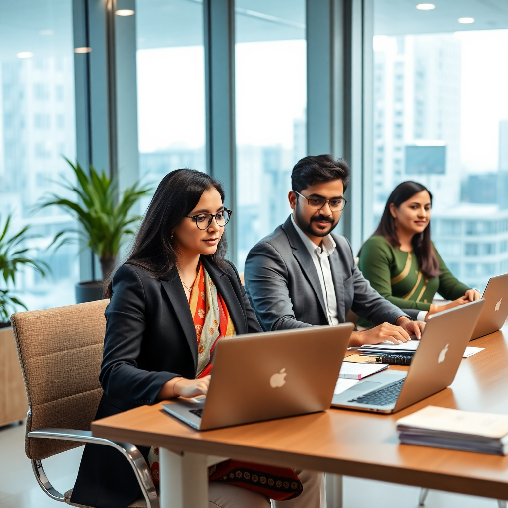 Indian business team working in modern office with laptops and documents