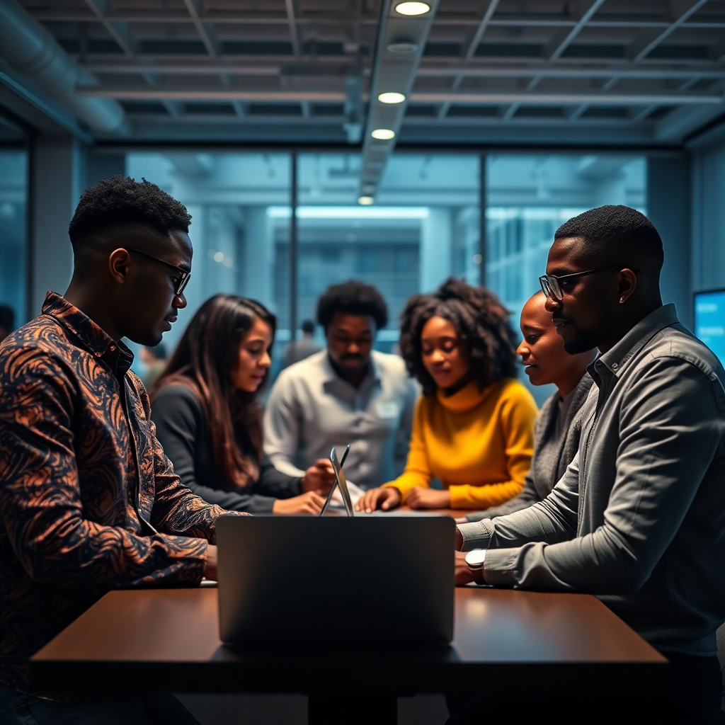 diverse team of african tech professionals collaborating in a modern office, cinematic lighting, panoramic shot